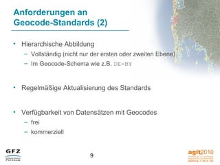 9
Anforderungen an
Geocode-Standards (2)
• Hierarchische Abbildung
– Vollständig (nicht nur der ersten oder zweiten Ebene)
– Im Geocode-Schema wie z.B. DE-BY
• Regelmäßige Aktualisierung des Standards
• Verfügbarkeit von Datensätzen mit Geocodes
– frei
– kommerziell
 
