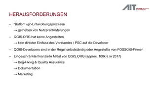  “Bottom up”-Entwicklungsprozesse
→ getrieben von Nutzeranforderungen
 QGIS.ORG hat keine Angestellten
→ kein direkter Einfluss des Vorstandes / PSC auf die Developer
 QGIS-Developers sind in der Regel selbstständig oder Angestellte von FOSSGIS-Firmen
 Eingeschränkte finanzielle Mittel von QGIS.ORG (approx. 100k € in 2017)
→ Bug-Fixing & Quality Assurance
→ Dokumentation
→ Marketing
HERAUSFORDERUNGEN
 