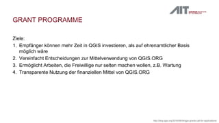 GRANT PROGRAMME
Ziele:
1. Empfänger können mehr Zeit in QGIS investieren, als auf ehrenamtlicher Basis
möglich wäre
2. Vereinfacht Entscheidungen zur Mittelverwendung von QGIS.ORG
3. Ermöglicht Arbeiten, die Freiwillige nur selten machen wollen, z.B. Wartung
4. Transparente Nutzung der finanziellen Mittel von QGIS.ORG
http://blog.qgis.org/2016/08/04/qgis-grants-call-for-applications/
 