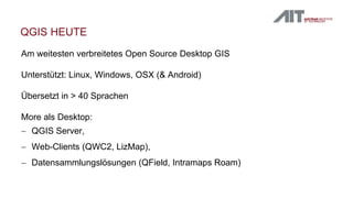 QGIS HEUTE
Am weitesten verbreitetes Open Source Desktop GIS
Unterstützt: Linux, Windows, OSX (& Android)
Übersetzt in > 40 Sprachen
More als Desktop:
 QGIS Server,
 Web-Clients (QWC2, LizMap),
 Datensammlungslösungen (QField, Intramaps Roam)
 