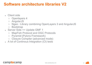www.camptocamp.com
Software architecture libraries V2
● Client side
○ Openlayers 4
○ AngularJS
○ Ngeo : Library combining OpenLayers 3 and AngularJS
○ Bootstrap
● Server Side == Update GMF 1
○ MapFish Protocol and OGC Protocols
○ Pyramid (Pylons Framework)
○ Closure Compiler (advanced mode)
● A lot of Continous Integration (CI) tests
10
 