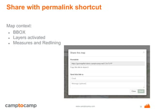 www.camptocamp.com
Share with permalink shortcut
Map context:
● BBOX
● Layers activated
● Measures and Redlining
32
 