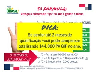 Qualifique-se Q12 +”Qs*” e ganhe +BÔNUS 
1. *Q = Prata com 10.000 pontos OU; 
2. *Q = 4.000 pontos + 1 Grupo qualificado OU 
3. *Q = 2 Grupos com 10.000 pontos. 
3 FORMAS DE 
QUALIFICAR +“Qs” 
Base: maior qualificação 2013/2014. 
Platinas e acima qualificados em 2013/2014 devem crescer em 10% o PV GIP anual em 2014/2015 
 