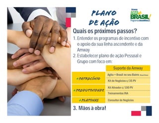 Quais os próximos passos? 
1. Entender os programas de incentivo com 
o apoio da sua linha ascendente e da 
Amway 
2. Estabelecer plano de ação Pessoal e 
Grupo com foco em: 
3. Mãos à obra! 
 