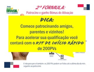 2ª FÓRMULA: 
Patrocine e ganhe Bônus de Ativação 
A cada novo patrocinado que revender 200 
PVs você ganha R$100,00 
VOCÊ PATROCINADO 
= R$100 
BÔNUS ATIVAÇÃO 
E não para por aí: com 3X + patrocínio, ganhe 5X + bônus de ativação 
VOCÊ 
1º PATROCINADO 
= R$500 
BÔNUS ATIVAÇÃO 
2º PATROCINADO 
3º PATROCINADO 
E não para por aí também: os 200 PVs podem ser feitos até o último dia do mês 
seguinte ao patrocínio 
 