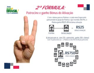 2ª FÓRMULA: 
Patrocine e ganhe Bônus de Ativação 
E tem +bônus para os Platinas: a cada novo Empresário 
patrocinado no grupo do Platina e que revenda 200 PVs, o 
Platina ganha R$25,00 de bônus ativação 
PLATINA PATROCINADO 
= R$25 
BÔNUS ATIVAÇÃO 
E não para por aí: com 15X + patrocínio, ganhe 30X + bônus! 
Com 15 patrocínios ou +, o Platina recebe R$ 50,00 por patrocínio 
=R$750 
BÔNUS ATIVAÇÃO 
PLATINA 
 