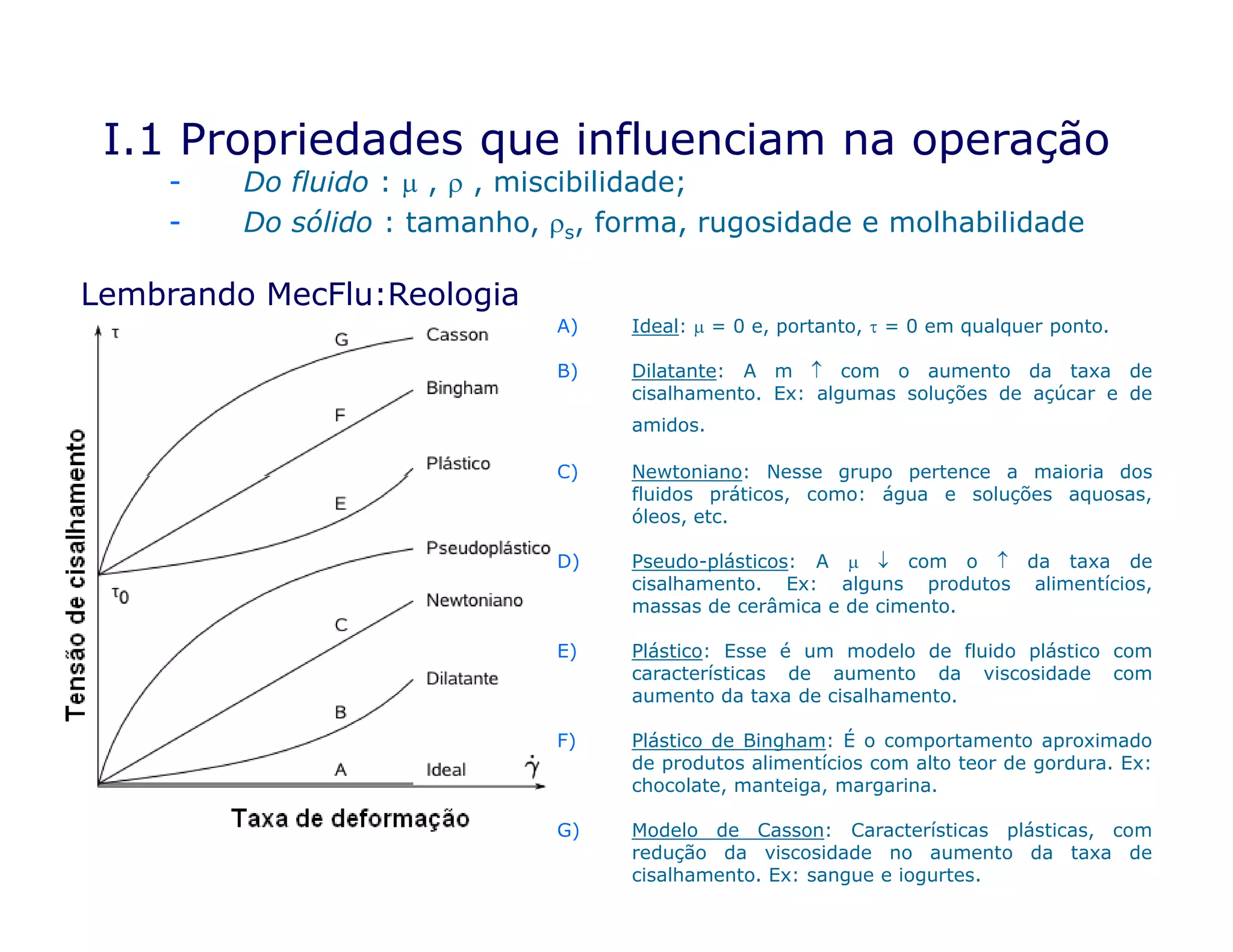 - Do fluido :  ,  , miscibilidade;
- Do sólido : tamanho, s, forma, rugosidade e molhabilidade
I.1 Propriedades que influenciam na operação
A) Ideal:  = 0 e, portanto,  = 0 em qualquer ponto.
B) Dilatante: A m  com o aumento da taxa de
cisalhamento. Ex: algumas soluções de açúcar e de
amidos.
C) Newtoniano: Nesse grupo pertence a maioria dos
Lembrando MecFlu:Reologia
C) Newtoniano: Nesse grupo pertence a maioria dos
fluidos práticos, como: água e soluções aquosas,
óleos, etc.
D) Pseudo-plásticos: A   com o  da taxa de
cisalhamento. Ex: alguns produtos alimentícios,
massas de cerâmica e de cimento.
E) Plástico: Esse é um modelo de fluido plástico com
características de aumento da viscosidade com
aumento da taxa de cisalhamento.
F) Plástico de Bingham: É o comportamento aproximado
de produtos alimentícios com alto teor de gordura. Ex:
chocolate, manteiga, margarina.
G) Modelo de Casson: Características plásticas, com
redução da viscosidade no aumento da taxa de
cisalhamento. Ex: sangue e iogurtes.
 