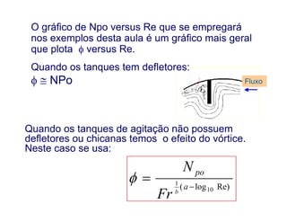 O gráfico de Npo versus Re que se empregará
nos exemplos desta aula é um gráfico mais geral
que plota  versus Re.
Fluxo
Quando os tanques tem defletores:
  NPo
Re)log( 10
1

 a
po
b
Fr
N

Quando os tanques de agitação não possuem
defletores ou chicanas temos o efeito do vórtice.
Neste caso se usa:
 