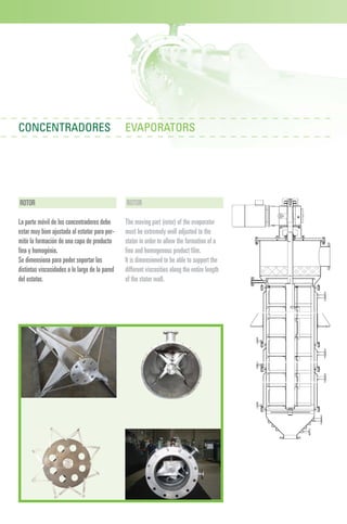ROTOR
La parte móvil de los concentradores debe
estar muy bien ajustada al estator para per-
mitir la formación de una capa de producto
fina y homogénia.
Se dimensiona para poder soportar las
distintas viscosidades a lo largo de la pared
del estator.
ROTOR
The moving part (rotor) of the evaporator
must be extremely well adjusted to the
stator in order to allow the formation of a
fine and homogenous product film.
It is dimensioned to be able to support the
different viscosities along the entire length
of the stator wall.
CONCENTRADORES EVAPORATORS
 