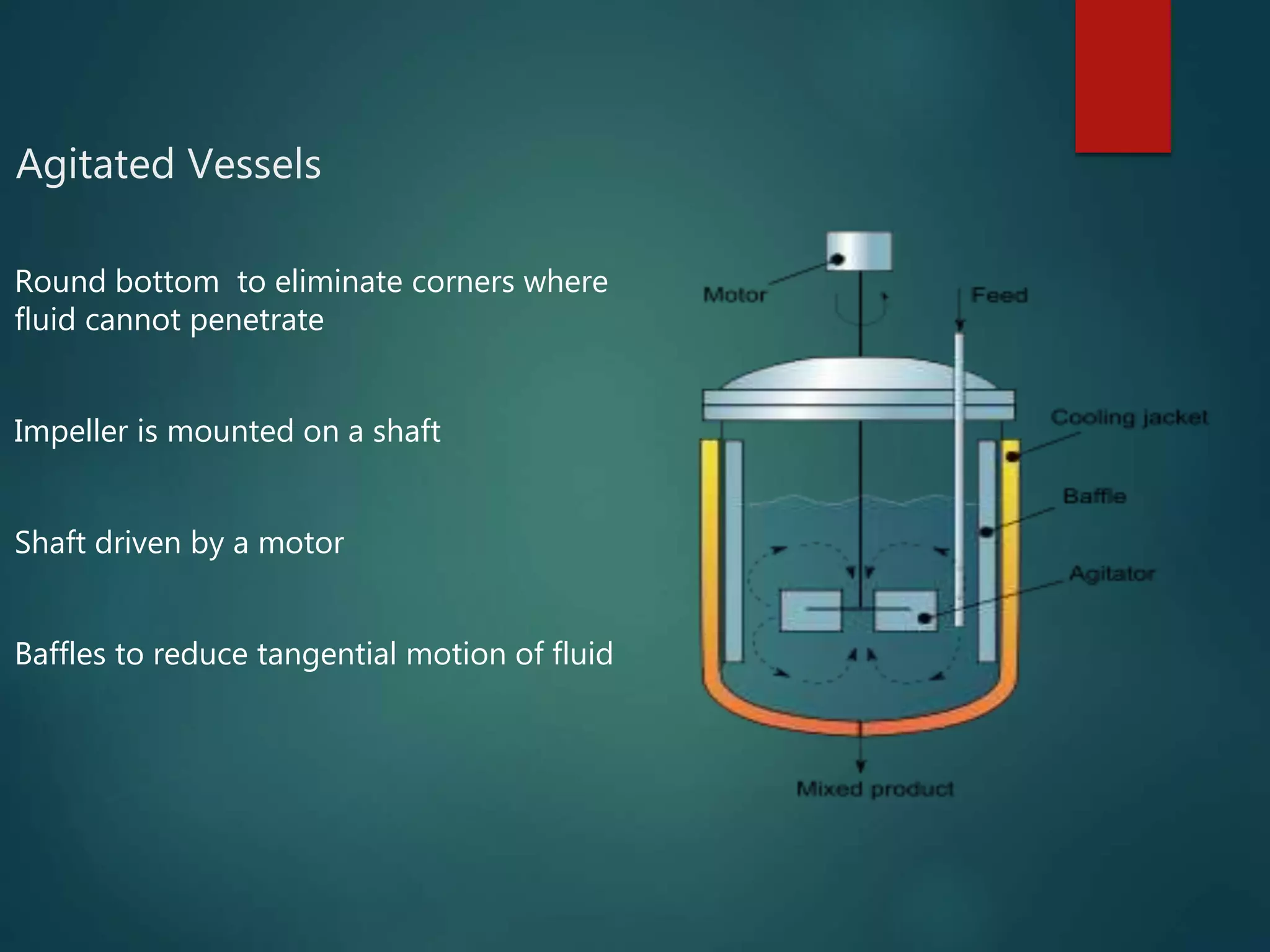 Agitated Vessels
Round bottom to eliminate corners where
fluid cannot penetrate
Impeller is mounted on a shaft
Shaft driven by a motor
Baffles to reduce tangential motion of fluid
 