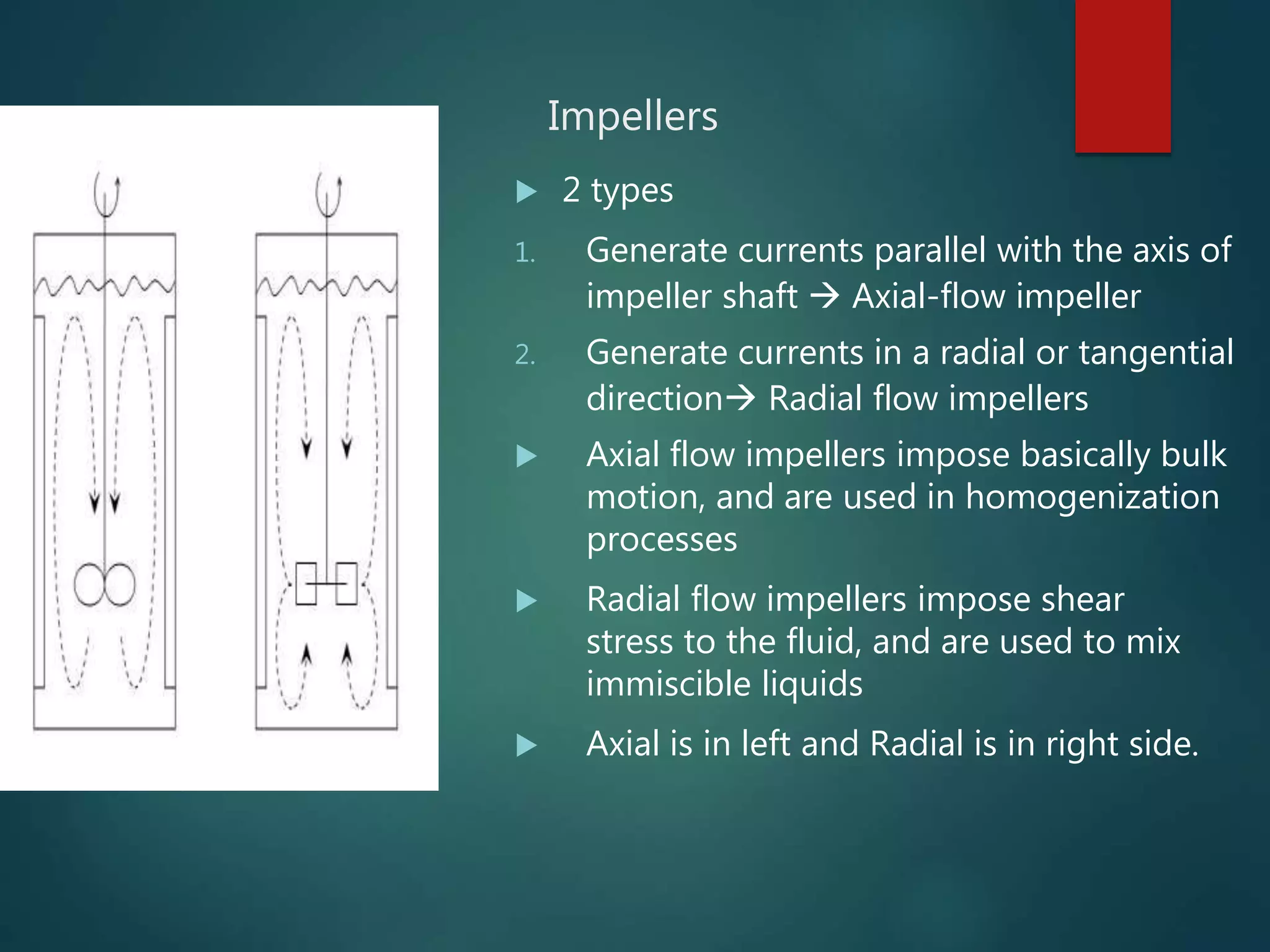 Impellers
 2 types
1. Generate currents parallel with the axis of
impeller shaft  Axial-flow impeller
2. Generate currents in a radial or tangential
direction Radial flow impellers
 Axial flow impellers impose basically bulk
motion, and are used in homogenization
processes
 Radial flow impellers impose shear
stress to the fluid, and are used to mix
immiscible liquids
 Axial is in left and Radial is in right side.
 