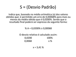 S = (Desvio Padrão)
  Indica que, baseado na média aritmética (x) dos valores
obtidos que: é permitido um erro de 0,00068% para mais ou
    menos da média obtida que é 0,0200%. Sendo que o
   resultado final poderá ser expresso da seguinte forma:

                % A = 0,0200% ± 0,00068

           O desvio relativo é calculado assim:
               0,0200                 100%
               0,0068                  x%

                       x = 3,41 %
 