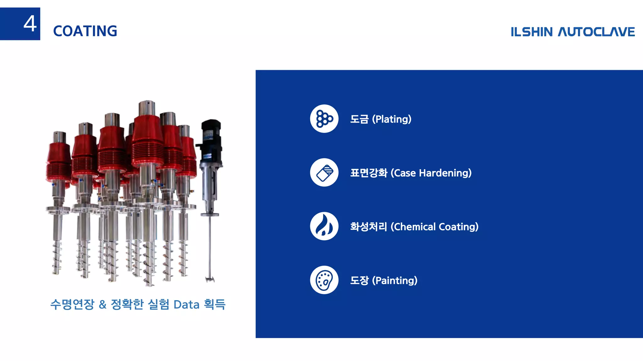 수명연장 & 정확한 실험 Data 획득
COATING4
도금 (Plating)
표면강화 (Case Hardening)
화성처리 (Chemical Coating)
도장 (Painting)
 