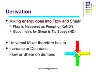 Derivation
 Mixing



energy goes into Flow and Shear

Flow is Measured as Pumping (KpND3)
Good metric for Shear is Tip...