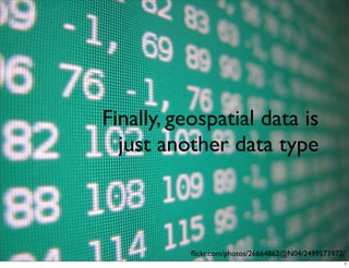 Finally, geospatial data is
  just another data type



           ﬂickr.com/photos/26664862@N04/2499573972/
                                                   7
 