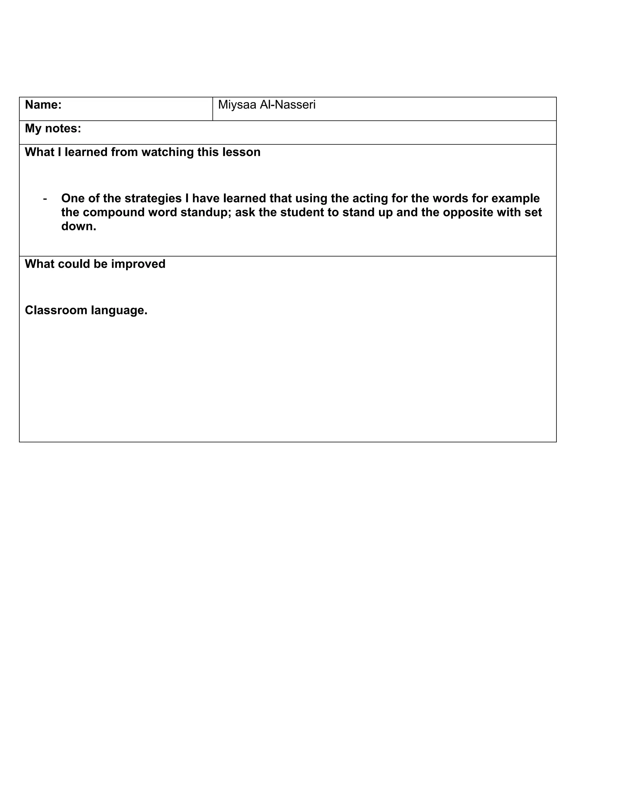 Name: Miysaa Al-Nasseri
My notes:
What I learned from watching this lesson
- One of the strategies I have learned that using the acting for the words for example
the compound word standup; ask the student to stand up and the opposite with set
down.
What could be improved
Classroom language.
 