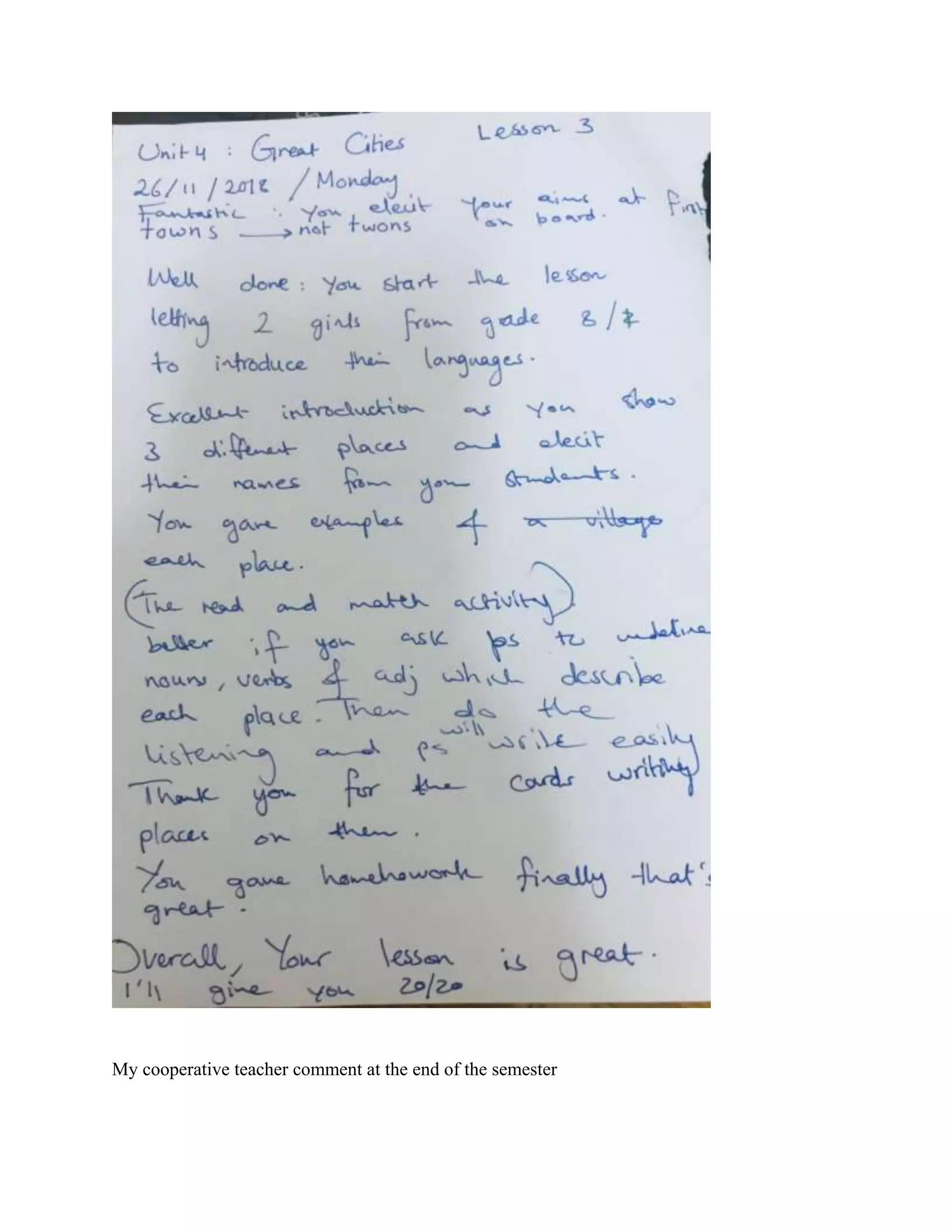 My cooperative teacher comment at the end of the semester
 