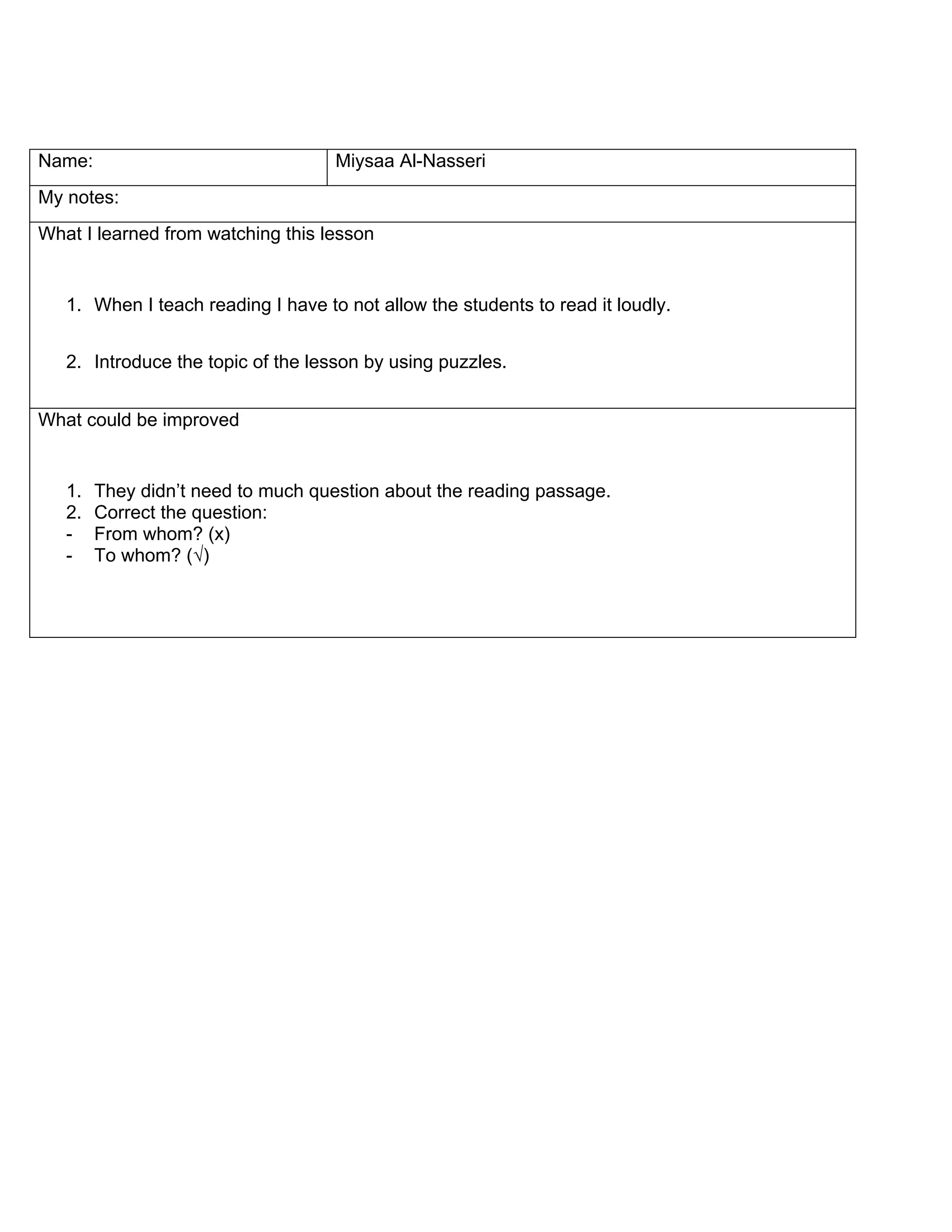 Name: Miysaa Al-Nasseri
My notes:
What I learned from watching this lesson
1. When I teach reading I have to not allow the students to read it loudly.
2. Introduce the topic of the lesson by using puzzles.
What could be improved
1. They didn’t need to much question about the reading passage.
2. Correct the question:
- From whom? (x)
- To whom? (√)
 