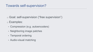 o Goal: self-supervision (“free supervision”)
o Examples:
• Compression (e.g. autoencoders)
• Neighboring image patches
• ...