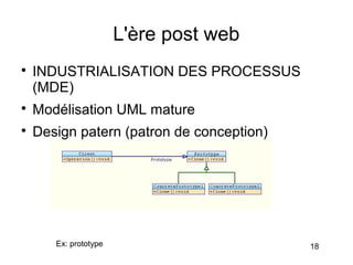 L'ère post web

    INDUSTRIALISATION DES PROCESSUS
    (MDE)

    Modélisation UML mature

    Design patern (patron de conception)




       Ex: prototype                       18
 