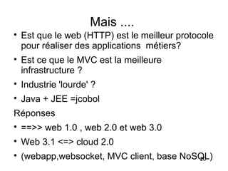Mais ....

    Est que le web (HTTP) est le meilleur protocole
    pour réaliser des applications métiers?

    Est ce que le MVC est la meilleure
    infrastructure ?

    Industrie 'lourde' ?

    Java + JEE =jcobol
Réponses

    ==>> web 1.0 , web 2.0 et web 3.0

    Web 3.1 <=> cloud 2.0

    (webapp,websocket, MVC client, base NoSQL)
                                           20
 