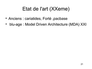 Etat de l'art (XXeme)

    Anciens : cariatides, Forté ,pacbase

    blu-age : Model Driven Architecture (MDA) XXI




                                             21
 
