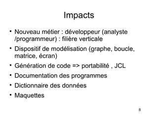 Impacts

    Nouveau métier : développeur (analyste
    /programmeur) : filière verticale

    Dispositif de modélisation (graphe, boucle,
    matrice, écran)

    Génération de code => portabilité , JCL

    Documentation des programmes

    Dictionnaire des données

    Maquettes

                                                  8
 