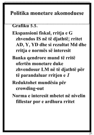 Politika monetare akomoduese Grafiku 5.5. Ekspansioni fiskal, rritja e G zhvendos IS në të djathtë; rritet AD, Y, YD dhe si rezultat Md dhe rritja e normës së interesit Banka qendrore mund të rritë ofertën monetare duke zhvendosur LM në të djathtë për të parandaluar rritjen e  I Reduktohet mundësia për crowding-out Norma e interesit mbetet në nivelin fillestar por e ardhura rritet 