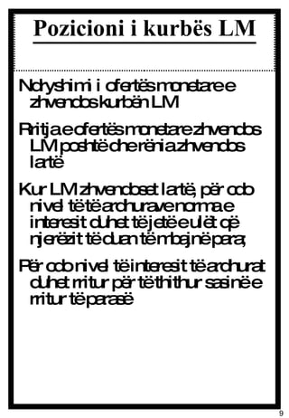 Pozicioni i kurbës LM Ndryshimi i ofertës monetare e zhvendos kurbën LM Rritja e ofertës monetare zhvendos LM poshtë dhe rënia zhvendos lartë Kur LM zhvendoset lartë, për cdo nivel të të ardhurave norma e interesit duhet të jetë e ulët që njerëzit të duan të mbajnë para; Për cdo nivel të interesit të ardhurat duhet rritur për të thithur sasinë e rritur të parasë 