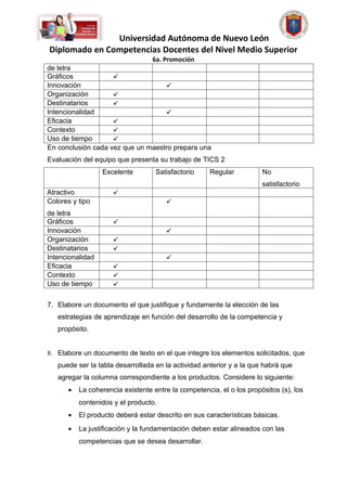 Universidad Autónoma de Nuevo León
Diplomado en Competencias Docentes del Nivel Medio Superior
                                  6a. Promoción
de letra
Gráficos            
Innovación                         
Organización        
Destinatarios       
Intencionalidad                    
Eficacia            
Contexto            
Uso de tiempo       
En conclusión cada vez que un maestro prepara una
Evaluación del equipo que presenta su trabajo de TICS 2
                  Excelente        Satisfactorio     Regular          No
                                                                      satisfactorio
Atractivo            
Colores y tipo                        
de letra
Gráficos             
Innovación                            
Organización         
Destinatarios        
Intencionalidad                       
Eficacia             
Contexto             
Uso de tiempo        

7. Elabore un documento el que justifique y fundamente la elección de las
   estrategias de aprendizaje en función del desarrollo de la competencia y
   propósito.


8. Elabore un documento de texto en el que integre los elementos solicitados, que
   puede ser la tabla desarrollada en la actividad anterior y a la que habrá que
   agregar la columna correspondiente a los productos. Considere lo siguiente:
      •   La coherencia existente entre la competencia, el o los propósitos (s), los
          contenidos y el producto.
      •   El producto deberá estar descrito en sus características básicas.
      •   La justificación y la fundamentación deben estar alineados con las
          competencias que se desea desarrollar.
 