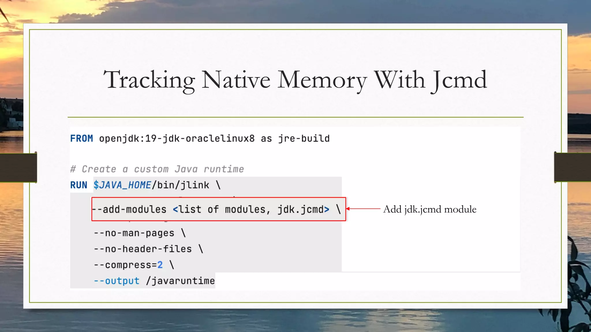 Tracking Native Memory With Jcmd
Add jdk.jcmd module
 