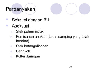 Perbanyakan
Seksual dengan Biji
 Aseksual :


1.
2.

3.
4.
5.

Stek pohon induk,
Pemisahan anakan (tunas samping yang telah
berakar)
Stek batang/dicacah
Cangkok
Kultur Jaringan
28

 