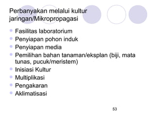 Perbanyakan melalui kultur
jaringan/Mikropropagasi
 Fasilitas

laboratorium
 Penyiapan pohon induk
 Penyiapan media
 Pemilihan bahan tanaman/eksplan (biji, mata
tunas, pucuk/meristem)
 Inisiasi Kultur
 Multiplikasi
 Pengakaran
 Aklimatisasi
53

 