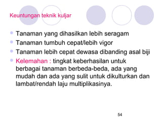 Keuntungan teknik kuljar
 Tanaman

yang dihasilkan lebih seragam
 Tanaman tumbuh cepat/lebih vigor
 Tanaman lebih cepat dewasa dibanding asal biji
 Kelemahan : tingkat keberhasilan untuk
berbagai tanaman berbeda-beda, ada yang
mudah dan ada yang sulit untuk dikulturkan dan
lambat/rendah laju multiplikasinya.

54

 