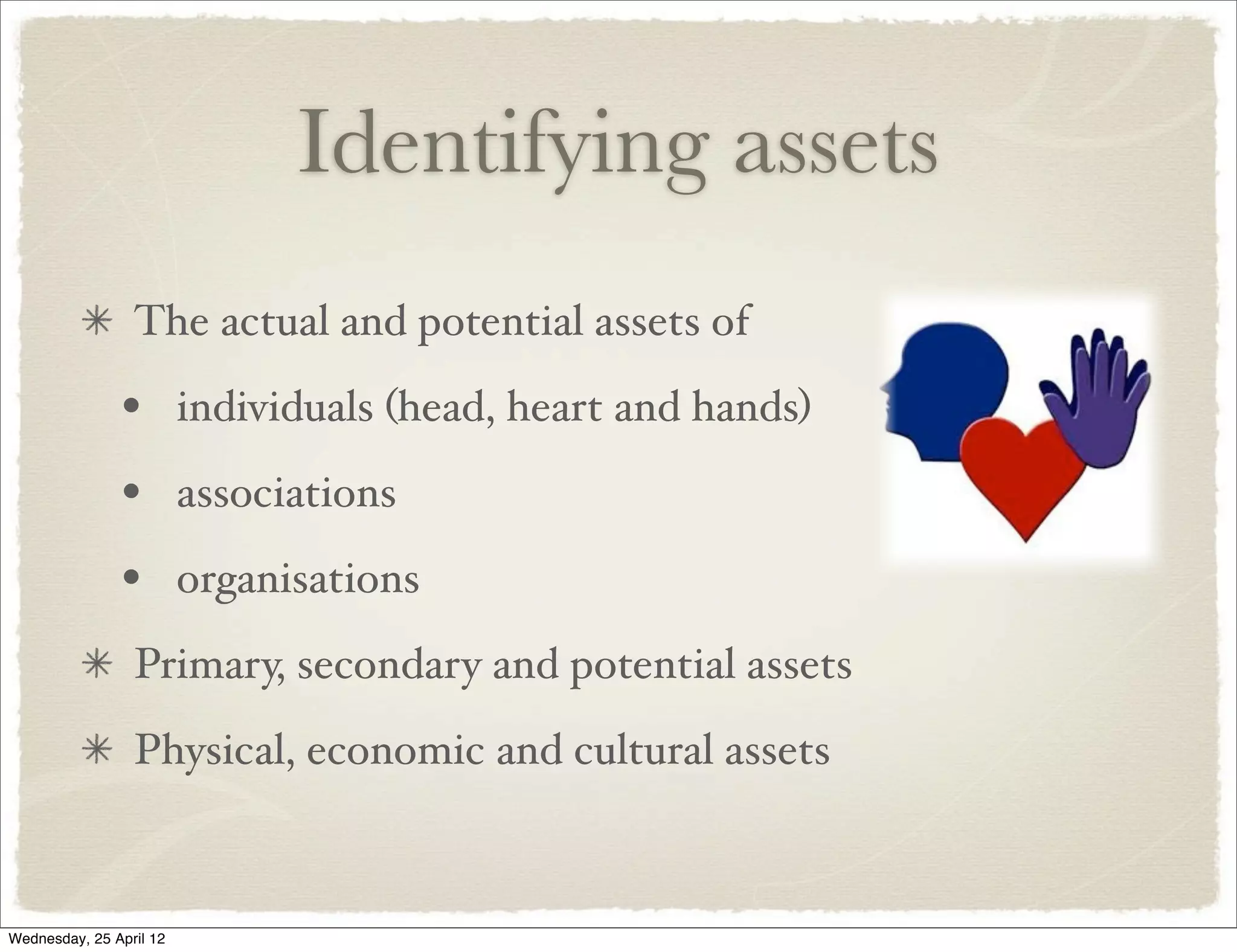 Identifying assets
                 The actual and potential assets of

               • individuals (head, heart and hands)
               • associations
               • organisations
                 Primary, secondary and potential assets
                 Physical, economic and cultural assets



Wednesday, 25 April 12
 