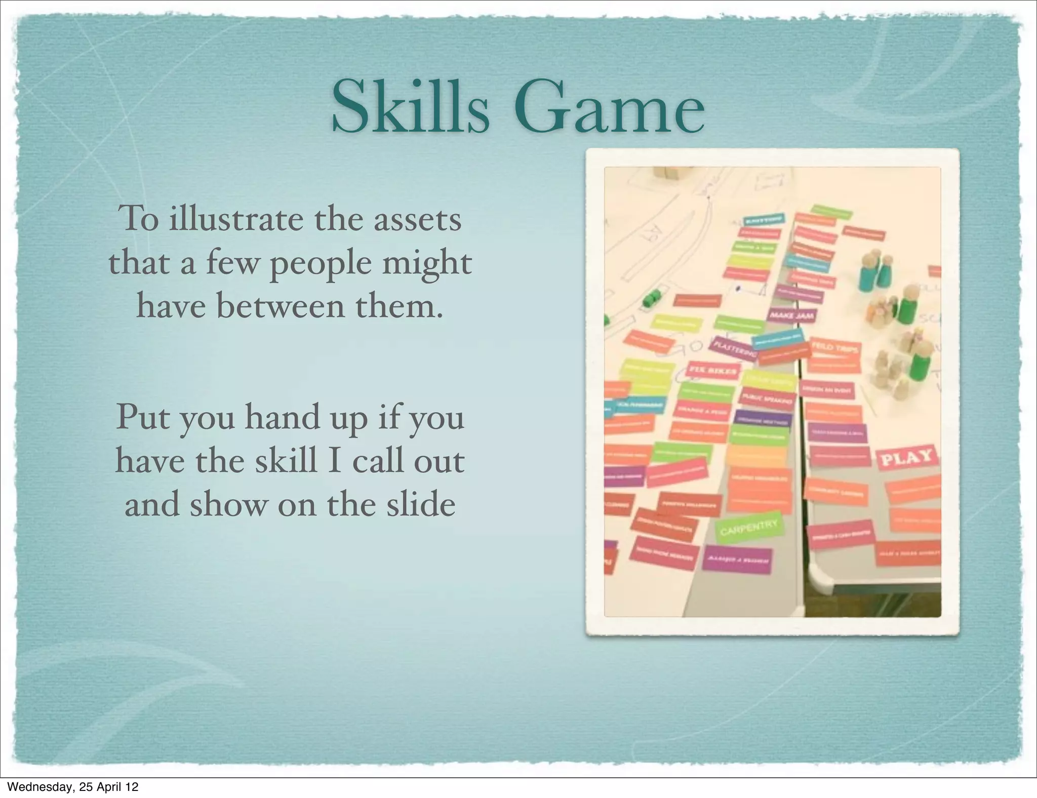 Skills Game
                 To illustrate the assets
                that a few people might
                  have between them.


                  Put you hand up if you
                  have the skill I call out
                  and show on the slide




Wednesday, 25 April 12
 