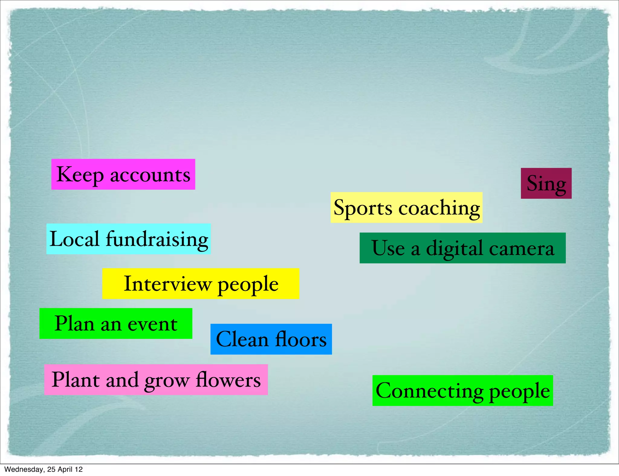 Keep accounts                                        Sing
                                                Sports coaching
            Local fundraising                      Use a digital camera
                         Interview people
             Plan an event
                                  Clean ﬂoors
             Plant and grow ﬂowers                  Connecting people


Wednesday, 25 April 12
 