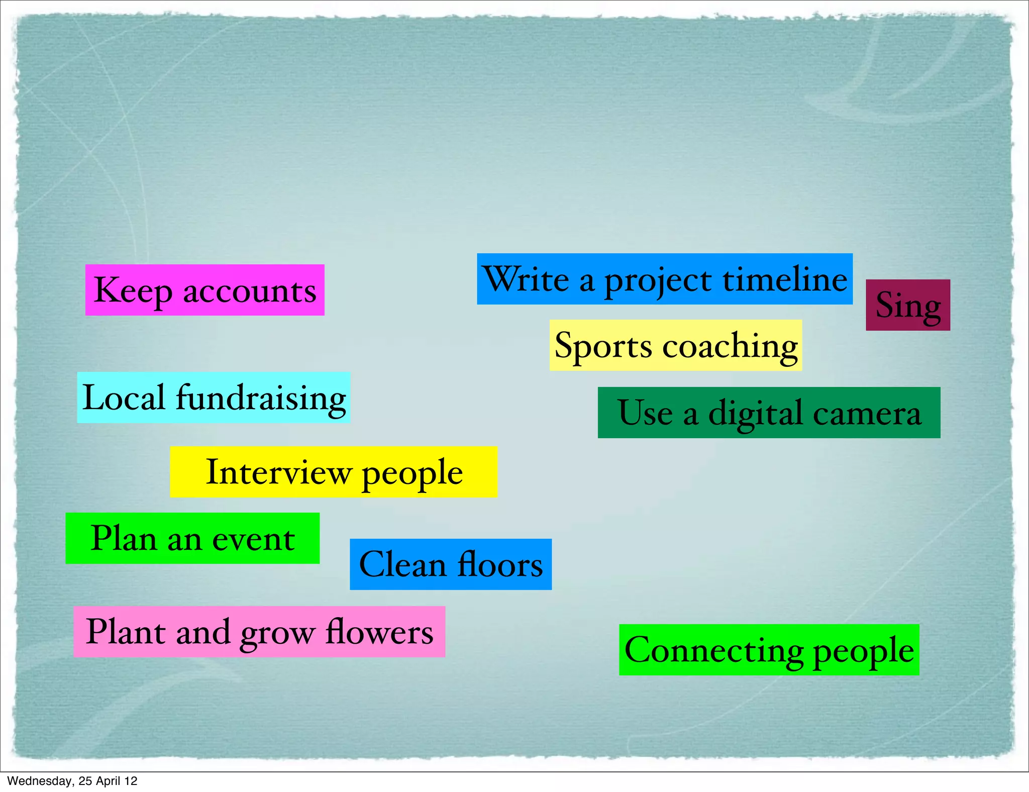 Keep accounts                 Write a project timeline
                                                                       Sing
                                                Sports coaching
            Local fundraising                       Use a digital camera
                         Interview people
             Plan an event
                                  Clean ﬂoors
             Plant and grow ﬂowers                   Connecting people


Wednesday, 25 April 12
 