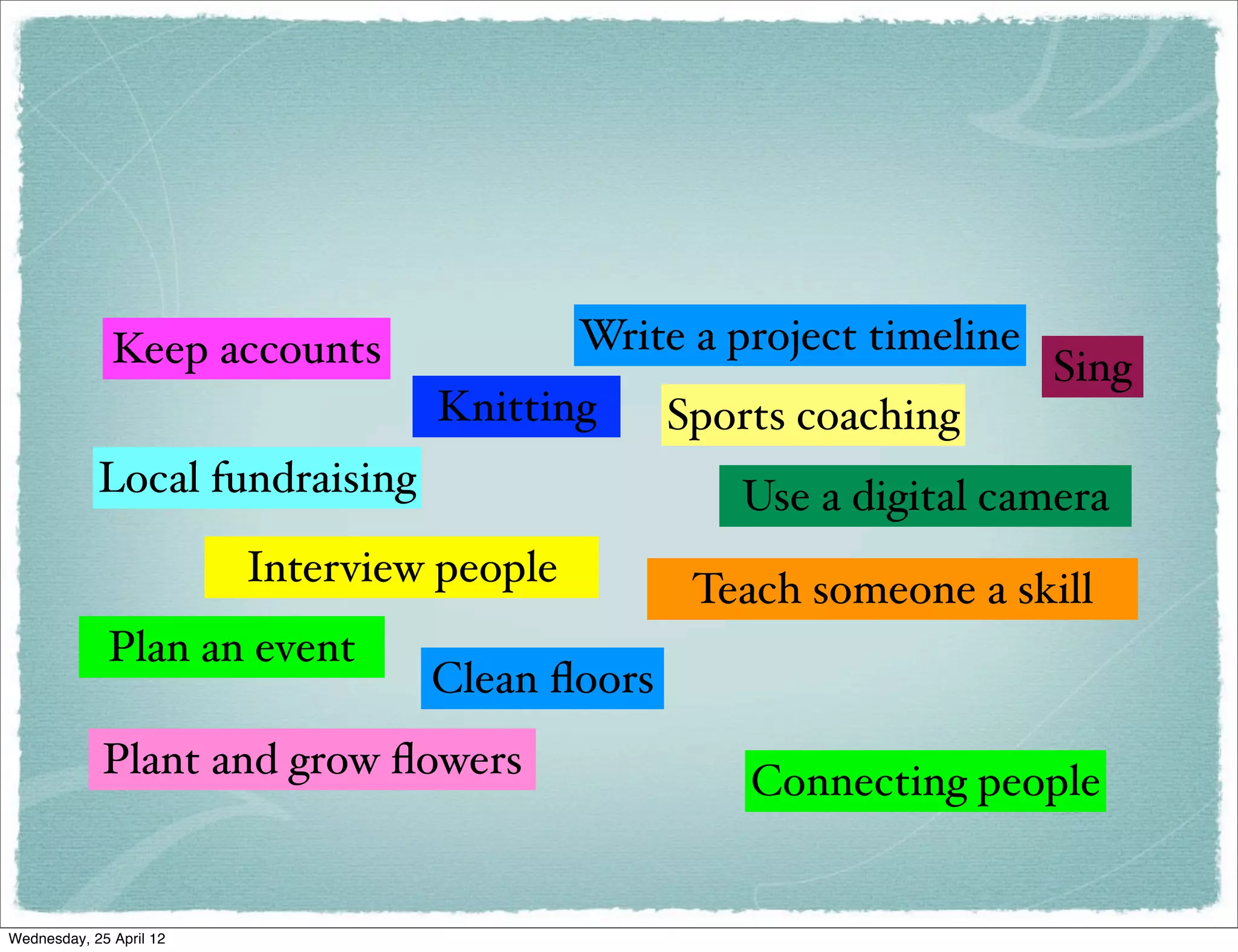 Keep accounts                 Write a project timeline
                                                                       Sing
                                  Knitting      Sports coaching
            Local fundraising                       Use a digital camera
                         Interview people         Teach someone a skill
             Plan an event
                                  Clean ﬂoors
             Plant and grow ﬂowers                   Connecting people


Wednesday, 25 April 12
 