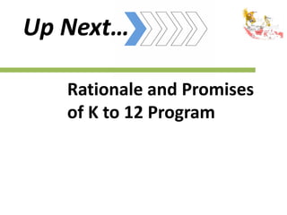 Rationale and Promises
of K to 12 Program
Up Next…
 