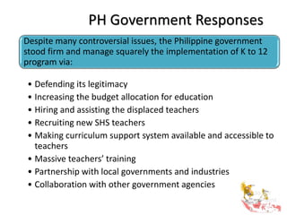 PH Government Responses
Despite many controversial issues, the Philippine government
stood firm and manage squarely the implementation of K to 12
program via:
• Defending its legitimacy
• Increasing the budget allocation for education
• Hiring and assisting the displaced teachers
• Recruiting new SHS teachers
• Making curriculum support system available and accessible to
teachers
• Massive teachers’ training
• Partnership with local governments and industries
• Collaboration with other government agencies
 