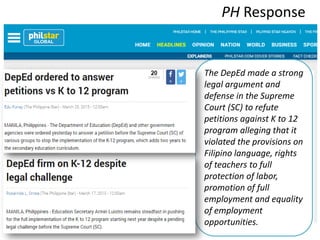 PH Response
The DepEd made a strong
legal argument and
defense in the Supreme
Court (SC) to refute
petitions against K to 12
program alleging that it
violated the provisions on
Filipino language, rights
of teachers to full
protection of labor,
promotion of full
employment and equality
of employment
opportunities.
 