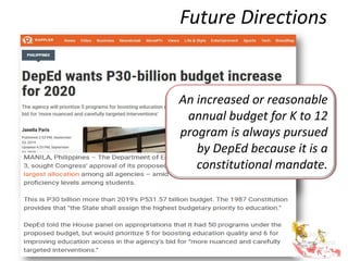Future Directions
An increased or reasonable
annual budget for K to 12
program is always pursued
by DepEd because it is a
constitutional mandate.
 