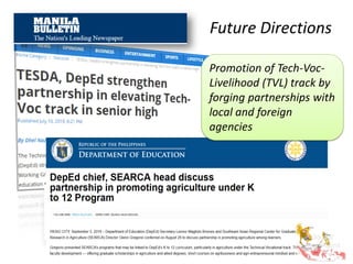 Future Directions
Promotion of Tech-Voc-
Livelihood (TVL) track by
forging partnerships with
local and foreign
agencies
 