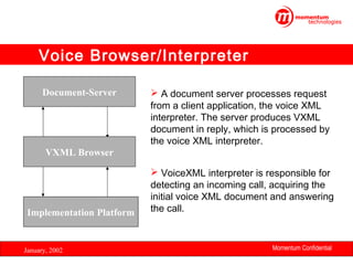 Voice Browser/Interpreter
Document-Server

 A document server processes request
from a client application, the voice XML
interpreter. The server produces VXML
document in reply, which is processed by
the voice XML interpreter.

VXML Browser

Implementation Platform

January, 2002

 VoiceXML interpreter is responsible for
detecting an incoming call, acquiring the
initial voice XML document and answering
the call.

Momentum Confidential
16

 