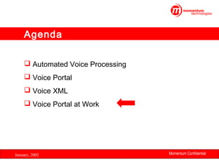 Agenda
 Automated Voice Processing
 Voice Portal
 Voice XML
 Voice Portal at Work

January, 2002

Momentum Confidential
28

 