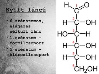 Nyílt láncú
• 6 szénatomos,
  elágazás
  nélküli lánc
• 1.szénatom -
  formilcsoport
• 5 szénatom –
  hidroxilcsoport
 