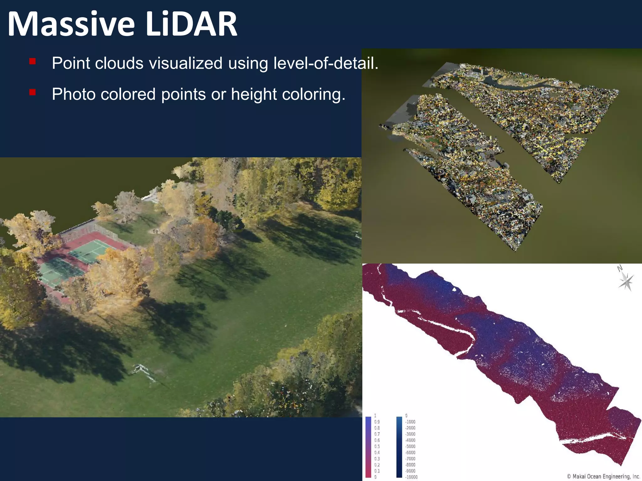 Massive LiDAR
    Point clouds visualized using level-of-detail.
    Photo colored points or height coloring.
 