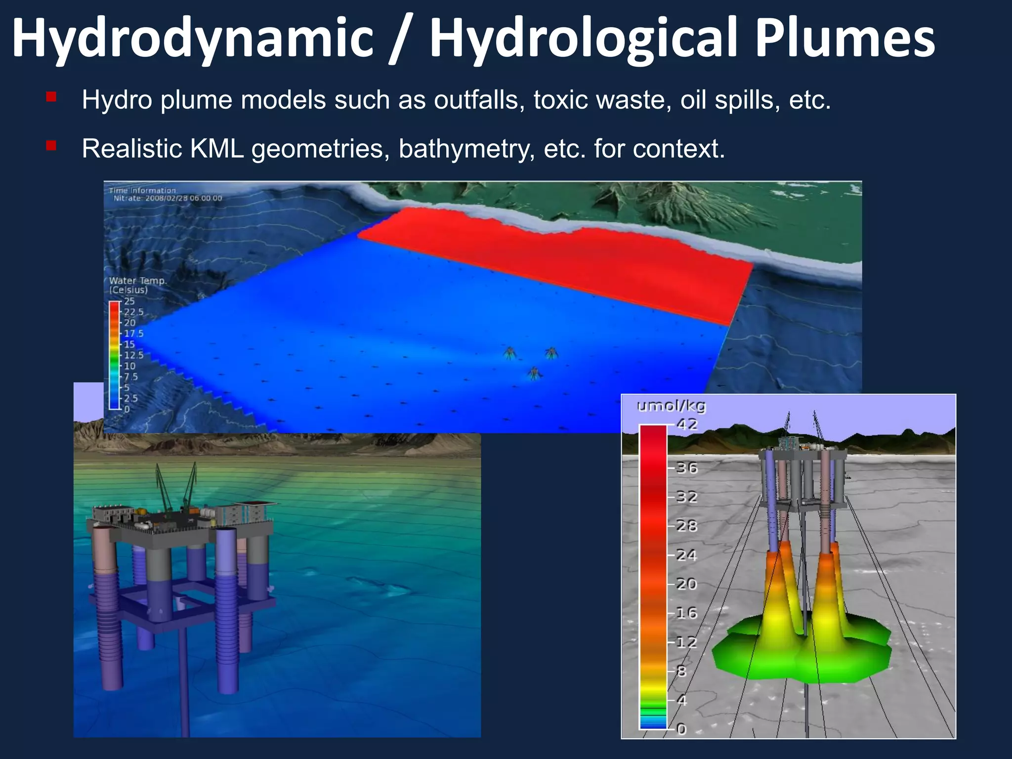 Hydrodynamic / Hydrological Plumes
    Hydro plume models such as outfalls, toxic waste, oil spills, etc.
    Realistic KML geometries, bathymetry, etc. for context.
 