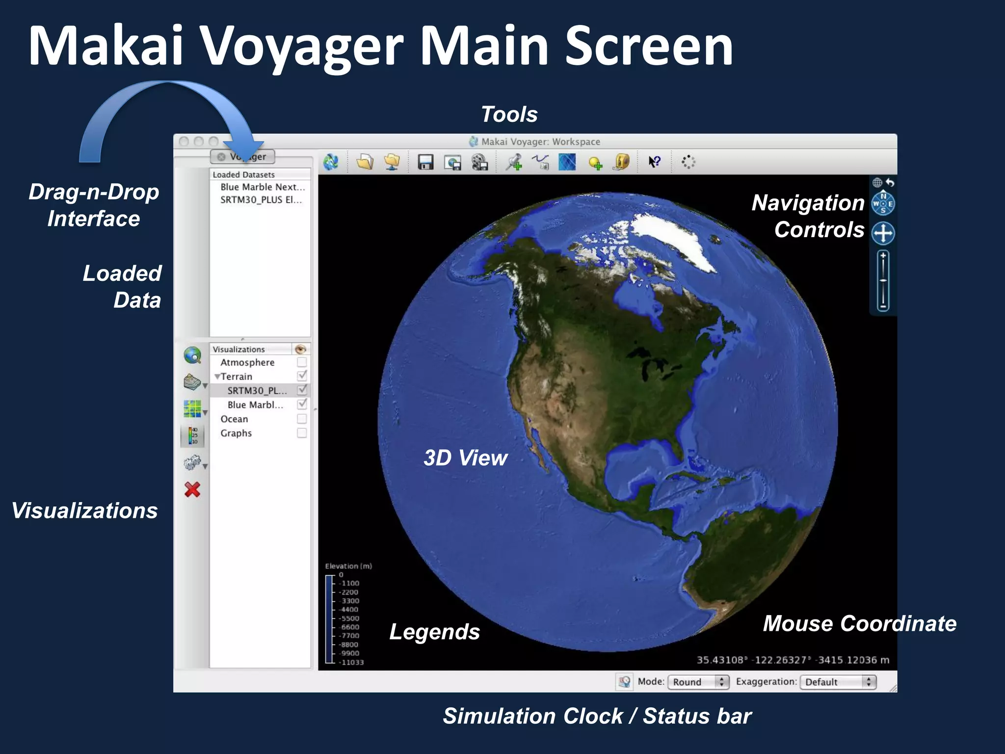 Makai Voyager Main Screen
                        Tools


 Drag-n-Drop                                     Navigation
  Interface                                       Controls
      Loaded
        Data




                   3D View

Visualizations




                 Legends                             Mouse Coordinate



                     Simulation Clock / Status bar
 